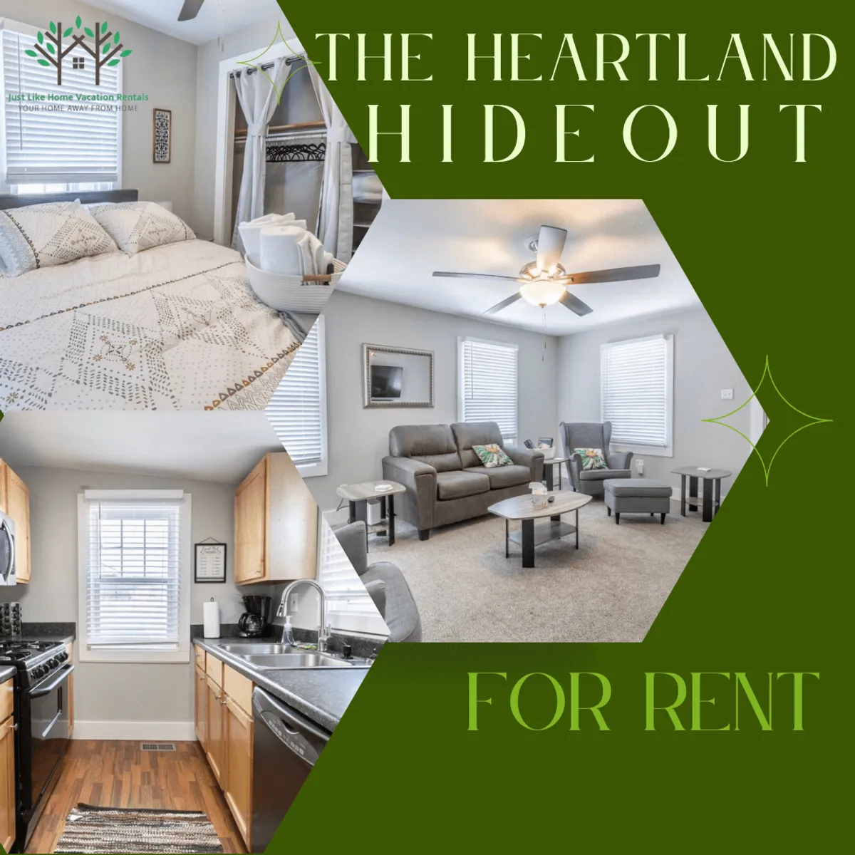 The image shows a bright, welcoming interior with a comfortable seating area, a cozy bedroom in view, and a spacious, well-equipped kitchen. Natural light fills the open-concept space, inviting guests to relax, spend quality time with loved ones, and enjoy home-cooked meals together.